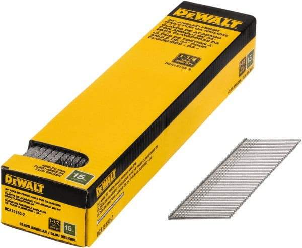 DeWALT - 15 Gauge 1-1/2" Long Finishing Nails for Power Nailers - Steel, Bright Finish, Smooth Shank, Angled Stick Collation, Round Head, Chisel Point - USA Tool & Supply