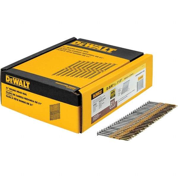 DeWALT - 12 Gauge 2.38" Long Framing Nails for Power Nailers - Steel, Galvanized Finish, Ring Shank, Angled Stick Collation, Round Head - USA Tool & Supply