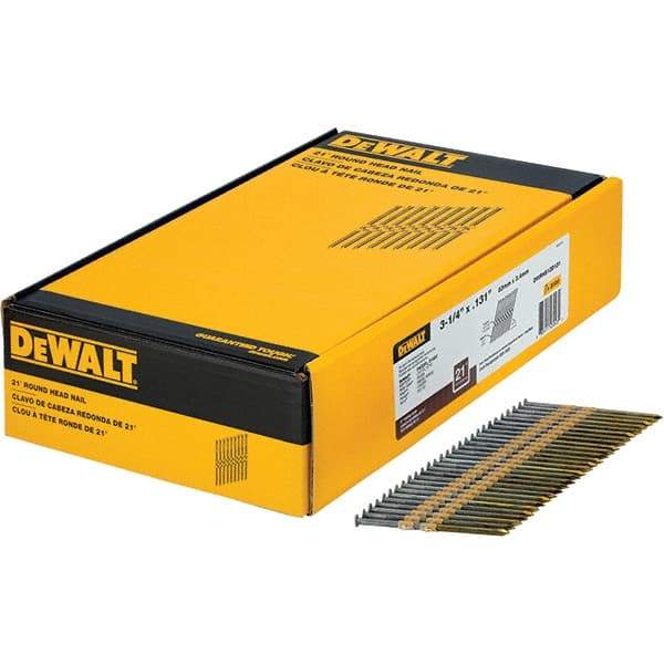 DeWALT - 9 Gauge 3-1/4" Long Framing Nails for Power Nailers - Steel, Bright Finish, Smooth Shank, Angled Stick Collation, Round Head - USA Tool & Supply