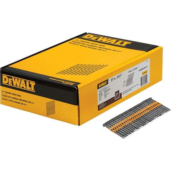 DeWALT - 9 Gauge 3" Long Framing Nails for Power Nailers - Steel, Bright Finish, Smooth Shank, Angled Stick Collation, Round Head - USA Tool & Supply