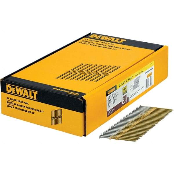 DeWALT - 9 Gauge 3-1/4" Long Framing Nails for Power Nailers - Steel, Galvanized Finish, Smooth Shank, Angled Stick Collation, Round Head - USA Tool & Supply