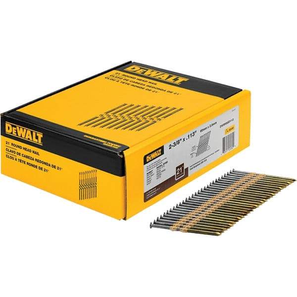 DeWALT - 12 Gauge 2.38" Long Framing Nails for Power Nailers - Steel, Bright Finish, Smooth Shank, Angled Stick Collation, Round Head - USA Tool & Supply