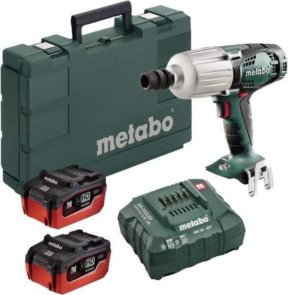 Metabo - 1/2" Drive 18 Volt Pistol Grip Cordless Impact Wrench & Ratchet - 1,600 RPM, 2,200 BPM, 450 Ft/Lb Torque, 2 Lithium-Ion Batteries Included - USA Tool & Supply