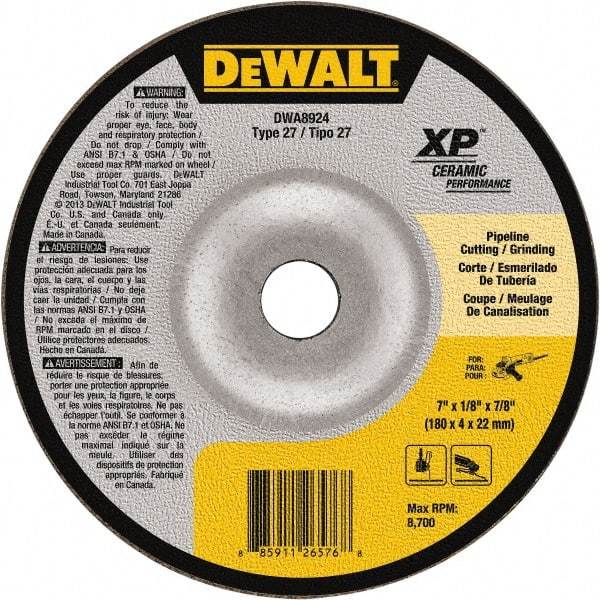DeWALT - 24 Grit, 7" Wheel Diam, 7/8" Arbor Hole, Type 27 Depressed Center Wheel - Coarse/Medium Grade, Ceramic, N Hardness, 8,700 Max RPM - USA Tool & Supply