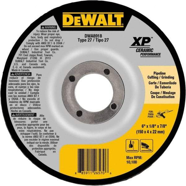 DeWALT - 24 Grit, 6" Wheel Diam, 7/8" Arbor Hole, Type 27 Depressed Center Wheel - Coarse/Medium Grade, Ceramic, N Hardness, 10,100 Max RPM - USA Tool & Supply