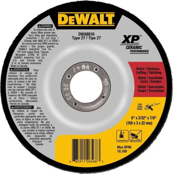 DeWALT - 24 Grit, 6" Wheel Diam, 7/8" Arbor Hole, Type 27 Depressed Center Wheel - Coarse/Medium Grade, Ceramic, N Hardness, 10,100 Max RPM - USA Tool & Supply