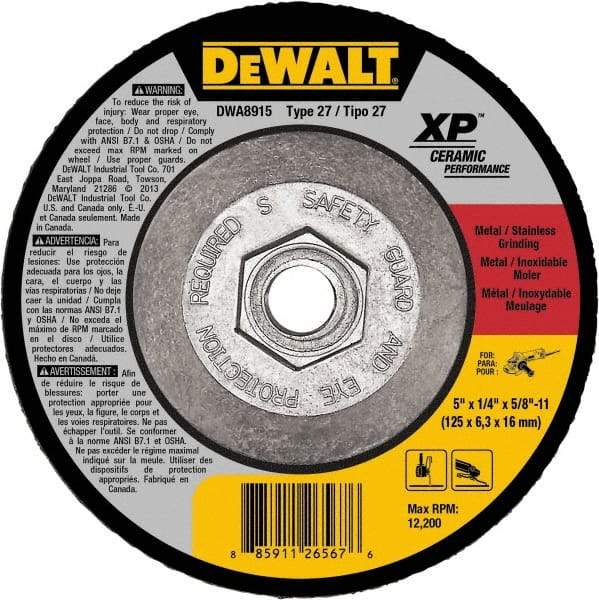 DeWALT - 24 Grit, 5" Wheel Diam, Type 27 Depressed Center Wheel - Coarse/Medium Grade, Ceramic, N Hardness, 12,200 Max RPM - USA Tool & Supply