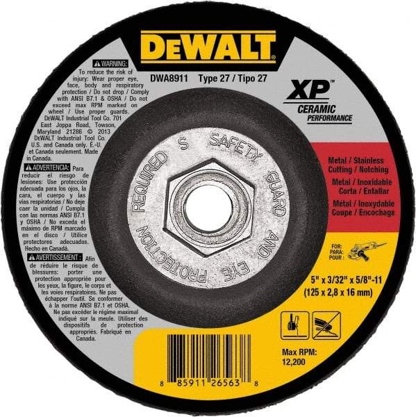 DeWALT - 24 Grit, 5" Wheel Diam, Type 27 Depressed Center Wheel - Coarse/Medium Grade, Ceramic, N Hardness, 12,200 Max RPM - USA Tool & Supply
