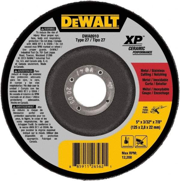 DeWALT - 24 Grit, 5" Wheel Diam, 7/8" Arbor Hole, Type 27 Depressed Center Wheel - Coarse/Medium Grade, Ceramic, N Hardness, 12,200 Max RPM - USA Tool & Supply
