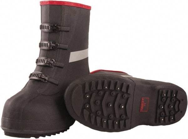 Tingley - Men's 6 (Women's 8) Traction Overboots - 12" High, Plain Toe, Cleated & Studded Sole, Rubber Upper, Black, 100% Liquid Proof, 4 Buckle - USA Tool & Supply