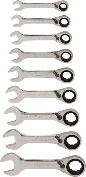Blackhawk by Proto - 13 Piece, 6mm to 19mm, Stubby Ratcheting Combination Wrench Set - Metric Measurement Standard, Chrome Finish, Canvas Roll - USA Tool & Supply