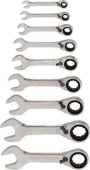 Blackhawk by Proto - 9 Piece, 1/4" to 3/4", Stubby Ratcheting Reversible Combination Wrench Set - Inch Measurement Standard, Chrome Finish, Comes in Case - USA Tool & Supply