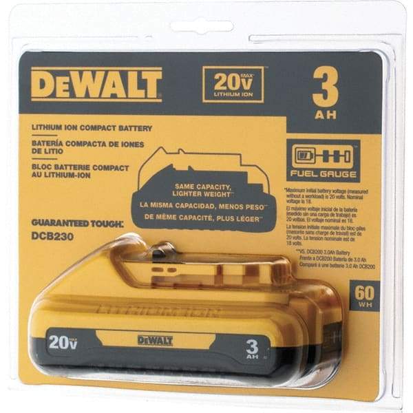 DeWALT - 20 Volt Lithium-Ion Power Tool Battery - 3 Ahr Capacity, 1 hr Charge Time, Series 20V Max - USA Tool & Supply