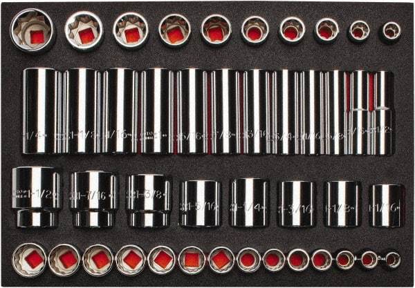 Proto - 65 Piece 1/2" Drive Chrome Finish Deep Well Socket Set - 8, 12 Points, 3/8" to 1-1/2" Range, Inch Measurement Standard - USA Tool & Supply