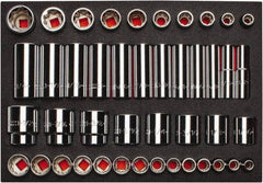 Proto - 65 Piece 1/2" Drive Chrome Finish Deep Well Socket Set - 8, 12 Points, 3/8" to 1-1/2" Range, Inch Measurement Standard - USA Tool & Supply