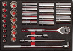 Proto - 30 Piece 1/2" Drive Chrome Finish Deep Well Socket Set - 12 Points, 3/8" to 1-1/4" Range, Inch Measurement Standard - USA Tool & Supply