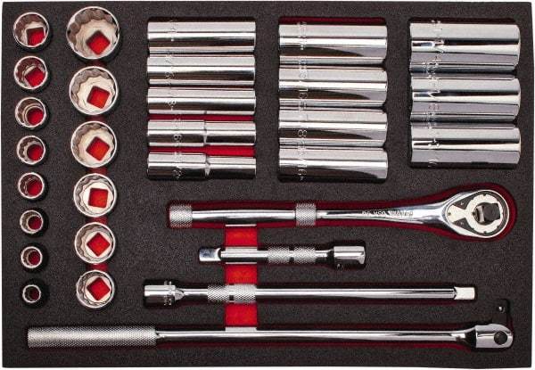 Proto - 30 Piece 1/2" Drive Chrome Finish Deep Well Socket Set - 12 Points, 3/8" to 1-1/4" Range, Inch Measurement Standard - USA Tool & Supply