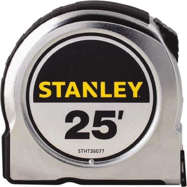 Stanley - 25' x 1" Yellow Steel Blade Tape Measure - 1/16" Graduation, Chrome ABS Plastic Case - USA Tool & Supply