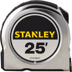 Stanley - 25' x 1" Yellow Steel Blade Tape Measure - 1/16" Graduation, Chrome ABS Plastic Case - USA Tool & Supply