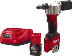 Milwaukee Tool - All up to 3/16" Closed End Rivet Capacity , 2,000 Lb Pull Force Cordless Electric Riveter - 0.8" Stroke Length, 12 Volt, Mandrel Collection, (2) 48-11-2401 Batteries Included - USA Tool & Supply