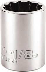 Proto - 1-1/8", 1/2" Drive, Standard Hand Socket - 12 Points, 1-63/64" OAL, Steel, Chrome Finish - USA Tool & Supply