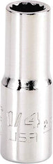 Proto - 1/4", 1/4" Drive, Standard Hand Socket - 12 Points, 1-15/64" OAL, Steel, Chrome Finish - USA Tool & Supply