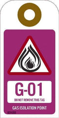 NMC - 4" High x 2" Long, G - 01 THRU G - 10 DO NOT REMOVE THIS TAG GAS ISOLATION POINT, English Safety & Facility Energy Isolation Tag - 1 Side, Purple Unrippable Vinyl - USA Tool & Supply