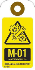 NMC - 4" High x 2" Long, M - 01 THRU M - 10 DO NOT REMOVE THIS TAG MECHANICAL ISOLATION POINT, English Safety & Facility Energy Isolation Tag - 1 Side, Yellow Unrippable Vinyl - USA Tool & Supply