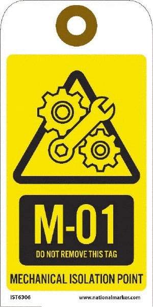 NMC - 6" High x 3" Long, M - 01 THRU M - 10 DO NOT REMOVE THIS TAG MECHANICAL ISOLATION POINT, English Safety & Facility Energy Isolation Tag - 1 Side, Yellow Unrippable Vinyl - USA Tool & Supply
