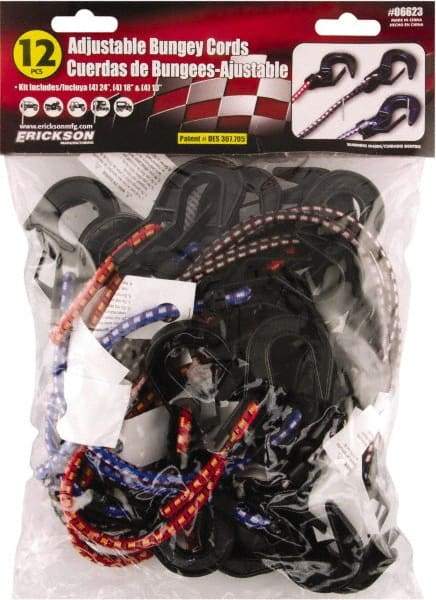 Erickson Manufacturing - Bungee Cord with S Hook - 13, 18, 24" OAL, Red/Blue/Green - USA Tool & Supply