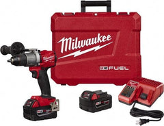 Milwaukee Tool - 18 Volt 1/2" Chuck Pistol Grip Handle Cordless Drill - 0-550 & 0-2000 RPM, Single-Sleeve Ratcheting Chuck, Reversible, 2 Lithium-Ion Batteries Included - USA Tool & Supply