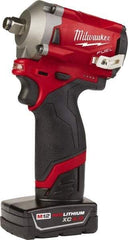 Milwaukee Tool - 1/2" Drive 12 Volt Pistol Grip Cordless Impact Wrench & Ratchet - 2,700 RPM, 0 to 3,200 BPM, 250 Ft/Lb Torque, 2 Lithium-Ion Batteries Included - USA Tool & Supply