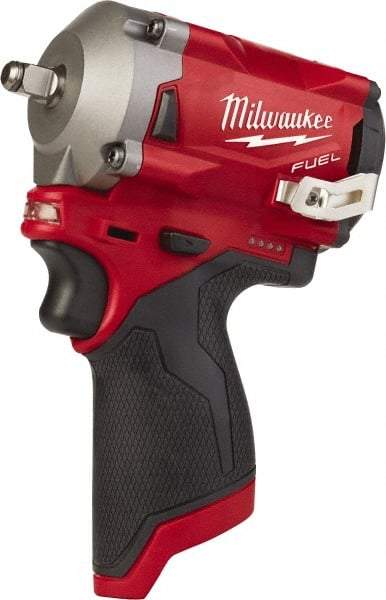 Milwaukee Tool - 3/8" Drive 12 Volt Pistol Grip Cordless Impact Wrench & Ratchet - 2,700 RPM, 0 to 3,200 BPM, 250 Ft/Lb Torque, Lithium-Ion Batteries - USA Tool & Supply