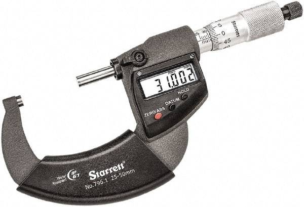 Starrett - 25 to 50mm Range, 0.001mm Graduation, Mechanical Outside Micrometer - Ratchet Thimble, 30mm Throat Depth, Accurate to 0.001mm - USA Tool & Supply