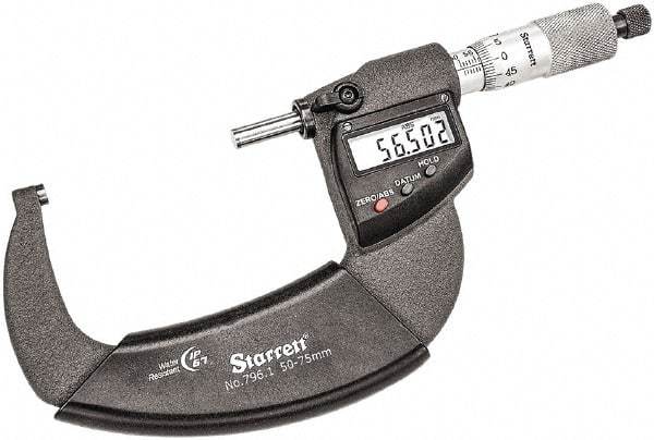 Starrett - 50 to 75mm Range, 0.001mm Graduation, Mechanical Outside Micrometer - Ratchet Thimble, 43mm Throat Depth, Accurate to 0.001mm - USA Tool & Supply