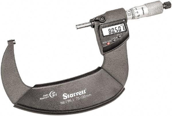 Starrett - 75 to 100mm Range, 0.001mm Graduation, Mechanical Outside Micrometer - Ratchet Thimble, 55mm Throat Depth, Accurate to 0.001mm - USA Tool & Supply