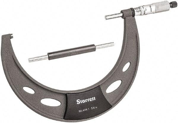 Starrett - 5 to 6" Range, 0.0001" Graduation, Mechanical Outside Micrometer - Ratchet Thimble, 3.35" Throat Depth, Accurate to 0.0001" - USA Tool & Supply