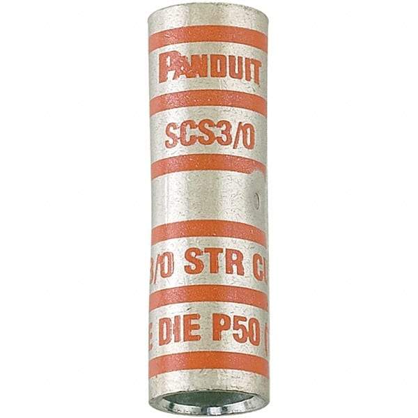 Panduit - 3/0 AWG Compatible, Noninsulated, Crimp-On Butt Splice Terminal - Red - USA Tool & Supply