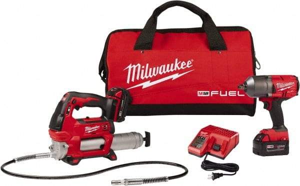 Milwaukee Tool - 1/2" Drive 18 Volt Pistol Grip Cordless Impact Wrench & Ratchet - 550/1,400/1,750 RPM, 0 to 2,100 BPM, 1,400 Ft/Lb Torque, 2 Lithium-Ion Batteries Included - USA Tool & Supply