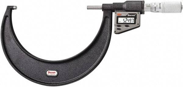 Starrett - 127 to 152 mm Range, 0.0001" Resolution, Standard Throat, Electronic Outside Micrometer - 0.0002" Accuracy, Friction Thimble, Micro Lapped Carbide Face, CR2450 Battery, Includes 3V Battery - USA Tool & Supply
