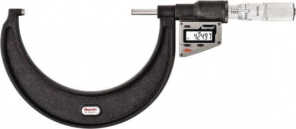 Starrett - 101 to 127 mm Range, 0.0001" Resolution, Standard Throat, Electronic Outside Micrometer - 0.0002" Accuracy, Friction Thimble, Micro Lapped Carbide Face, CR2450 Battery, Includes 3V Battery - USA Tool & Supply