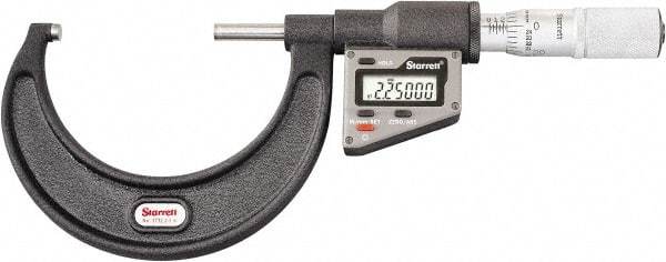 Starrett - 50.8 to 76 mm Range, 0.0001" Resolution, Standard Throat, Electronic Outside Micrometer - 0.0001" Accuracy, Friction Thimble, Micro Lapped Carbide Face, CR2450 Battery, Includes 3V Battery - USA Tool & Supply
