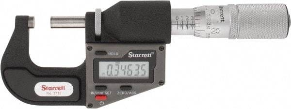 Starrett - 0 to 25 mm Range, 0.0001" Resolution, Standard Throat, Electronic Outside Micrometer - 0.0001" Accuracy, Friction Thimble, Micro Lapped Carbide Face, CR2450 Battery, Includes 3V Battery - USA Tool & Supply