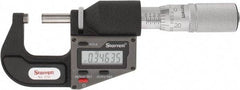Starrett - 0 to 25 mm Range, 0.0001" Resolution, Standard Throat, Electronic Outside Micrometer - 0.0001" Accuracy, Friction Thimble, Micro Lapped Carbide Face, CR2450 Battery, Includes 3V Battery - USA Tool & Supply