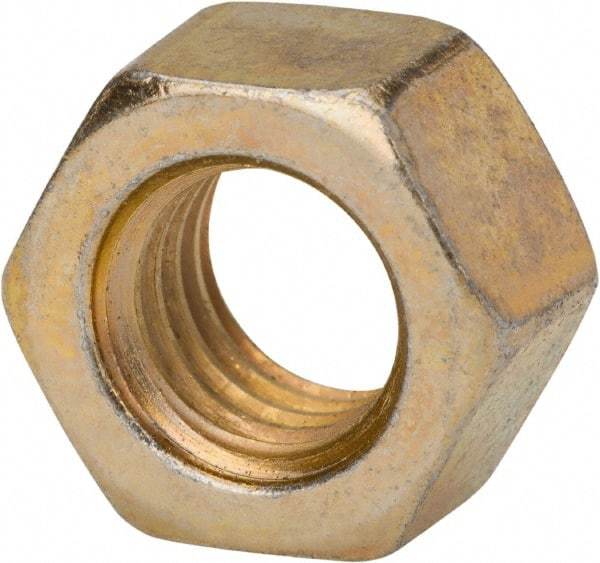 Made in USA - 3/8-24 UNF Steel Right Hand Hex Nut - 9/16" Across Flats, 21/64" High, Zinc Yellow Dichromate Finish - USA Tool & Supply