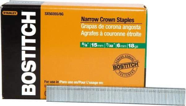 Stanley Bostitch - 5/8" Long x 7/32" Wide, 18 Gauge Narrow Crown Construction Staple - Steel, Chisel Point - USA Tool & Supply