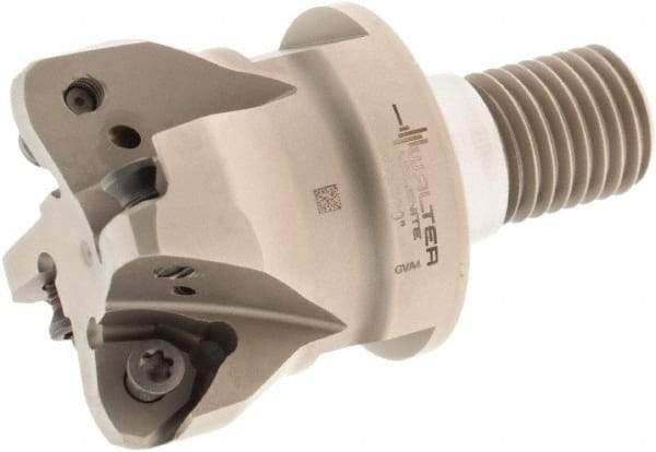Walter - 21° Lead Angle, 2" Max Cut Diam, 1.291" Min Cut Diam, 0.079" Max Depth of Cut, Indexable Chamfer & Angle End Mill - 4 Inserts, P23696 Insert Style, 80mm OAL, Through Coolant, Threaded Shank - USA Tool & Supply