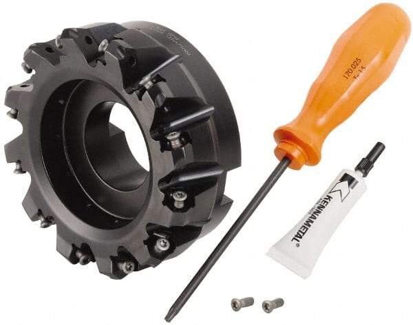 Kennametal - 4" Cut Diam, 1-1/2" Arbor Hole, 3.23mm Max Depth of Cut, 45° Indexable Chamfer & Angle Face Mill - 12 Inserts, HNGJ 0604... Insert, Right Hand Cut, 12 Flutes, Through Coolant, Series Dodeka Mini - USA Tool & Supply