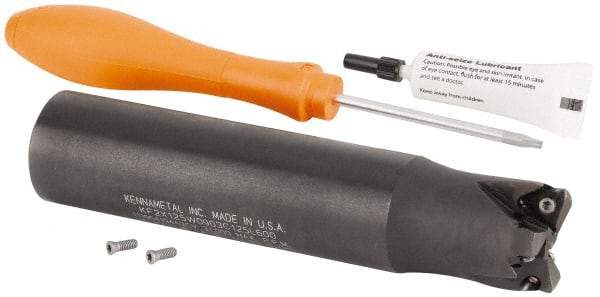 Kennametal - 1-1/4" Cut Diam, 0.059" Max Depth, 1-1/4" Shank Diam, Cylindrical Shank Indexable High-Feed Helical End Mill - Screw Holding Method, WOEJ090512.. Insert, KF2X Toolholder, Through Coolant - USA Tool & Supply