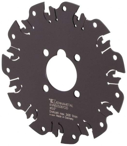 Kennametal - Arbor Hole Connection, 0.089" Cutting Width, 1-3/8" Depth of Cut, 5" Cutter Diam, 1-1/4" Hole Diam, 11 Tooth Indexable Slotting Cutter - KVNS Toolholder, OD 2087.. Insert - USA Tool & Supply